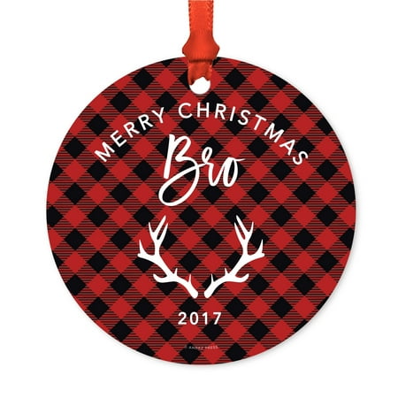 Johnson Brothers Christmas - Family Metal Christmas Ornament, Merry Christmas Bro Brother 2017, Red Plaid, Includes Ribbon and Gift Bag