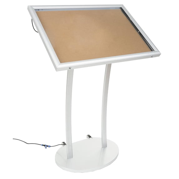 Displays2go Menu Display Stand, LED Lights, Cork Board, Outdoor, Wheels, Silver (ODCKLED85S)