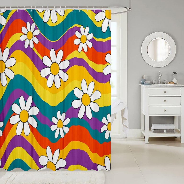 Boho Rainbow Floral Shower Curtain – 70s Retro Groovy Flowers, Waterproof Polyester, 72x72 Inches