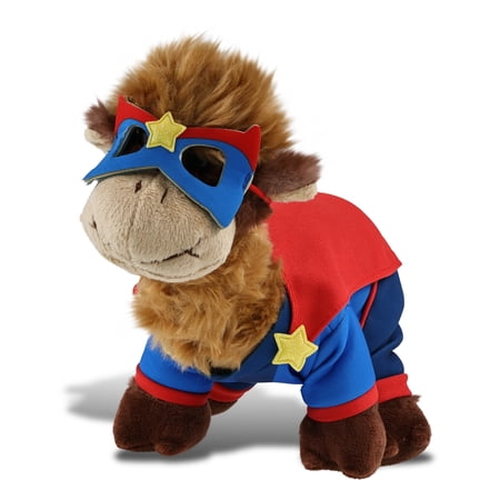 DolliBu Camel Plush Stuffed Animal with Superhero Costume and Name Personalization - Cute Safari Toy with Red Cape Blue Suit Eye Mask - Super Hero Adventure Plush for Kids - 10 Inches