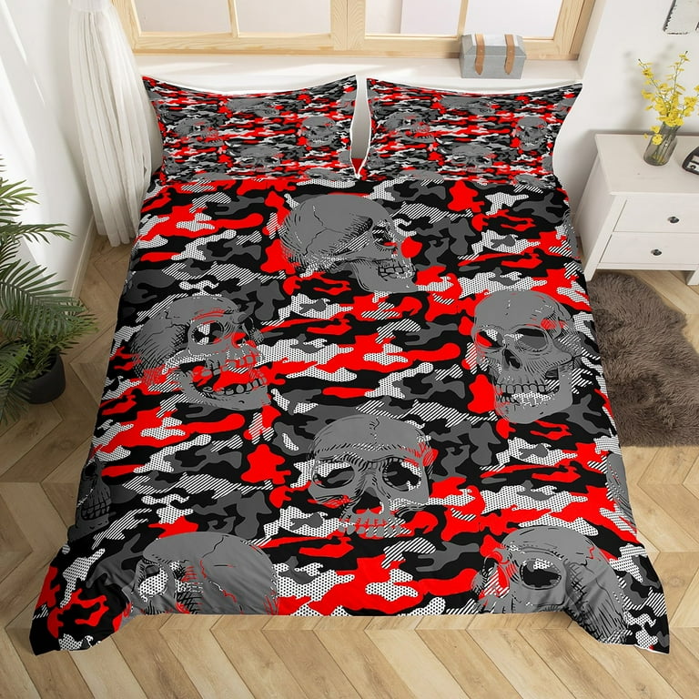 YST Teen Boys Grey Skulls Bedding Set Kids Red Black White Camo Skeleton Comforter Cover King Gothic Skull Camouflage Duvet Cover Geometric Spots