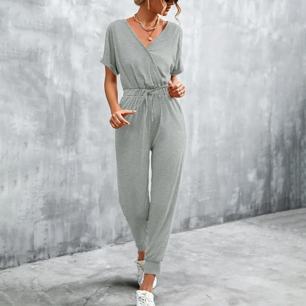 V Neck Jumpsuits For Women V Neck Short Sleeve Jumpsuit Women V Neck Short  Sleeve Jumpsuit Waist Drawstring Elastic Cropped Ninth Pants Jumpsuits With  Pockets Gray XXL 