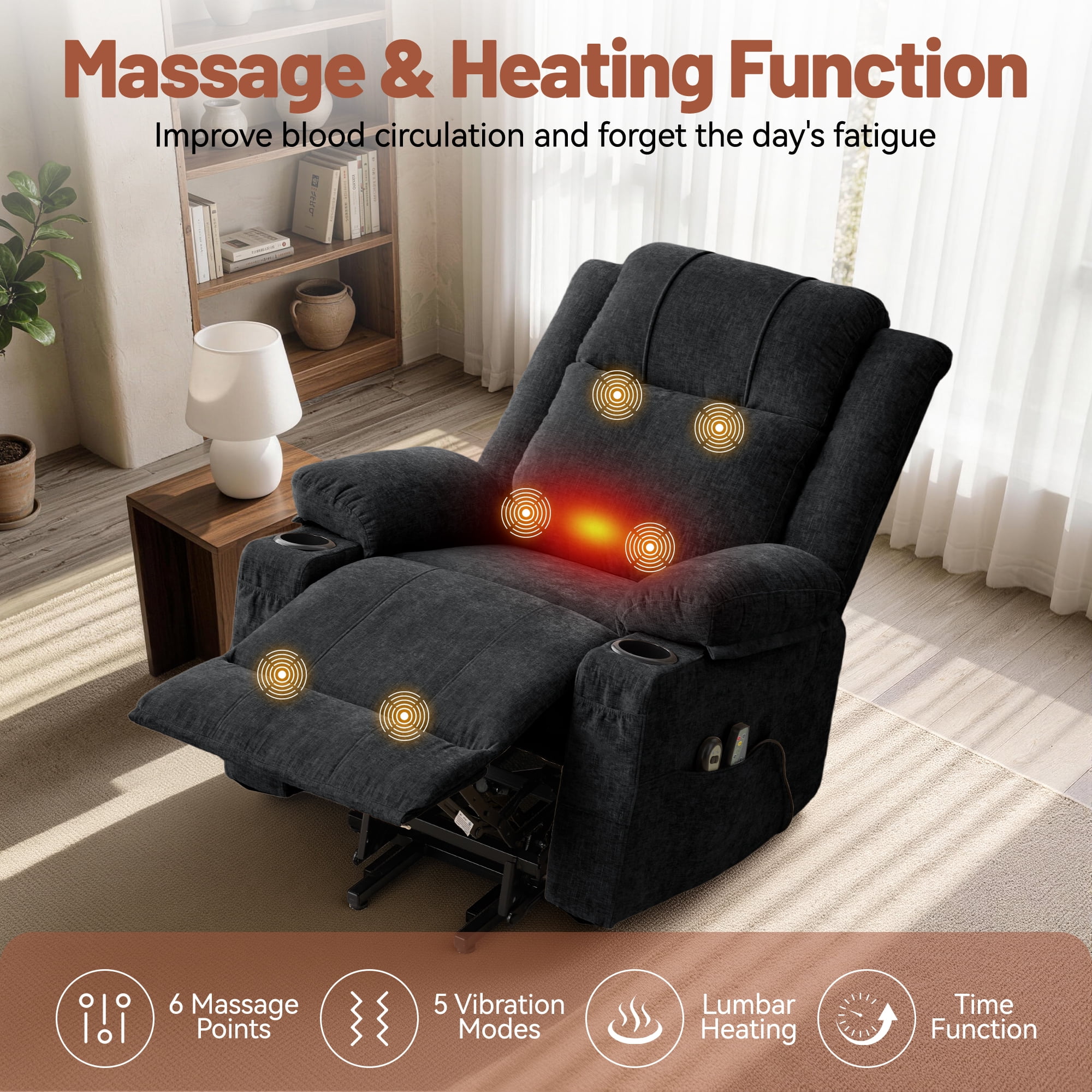 Korser Power Lift Recliner Chair for Elderly with Massage and Heat,Electric Lift Reclining Chair with Side Pockets and Cup Holders,Massage Recliner Chair for Living Room,Chenille,Black