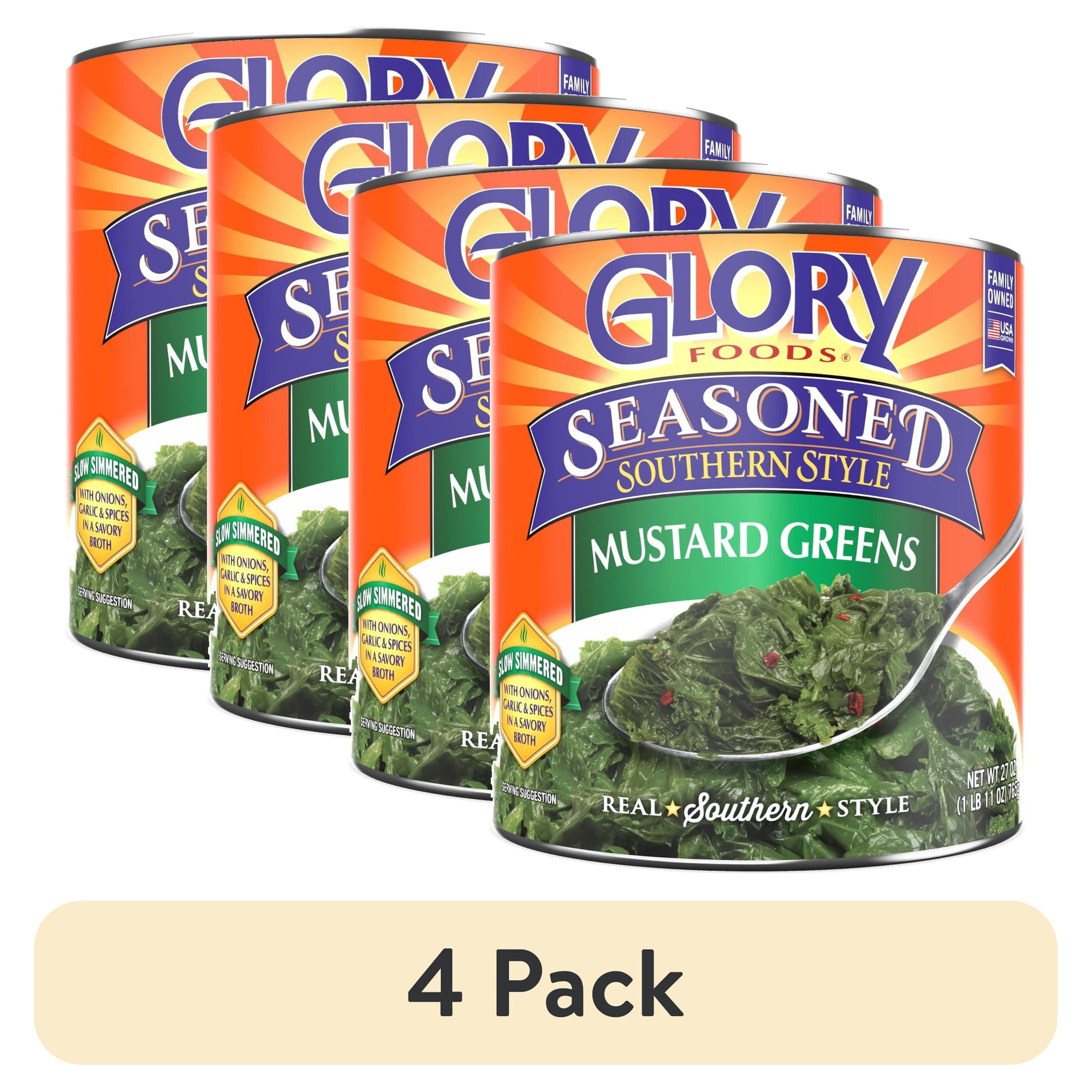(4 pack) Glory Foods Seasoned Southern Style Mustard Greens, 27 oz., Can