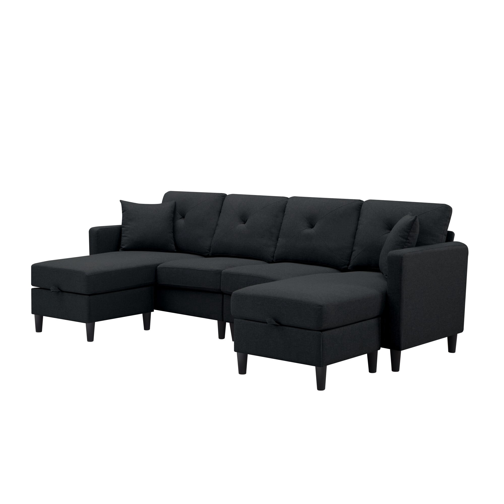 AENKYO 99" Modern U-Shaped Sectional Sofa, Modular Linen Couch with 2 Storage Ottomans & 2 Pillows, Black