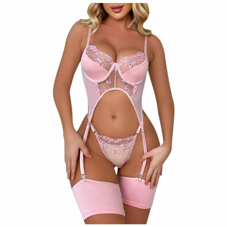 Hfyihgf Womens 3 Piece See-Through Sexy Lingerie Set with Garter Belt  Strappy Floral Lace Bra and Panty Sets Underwear Nightwear(Pink,L) 