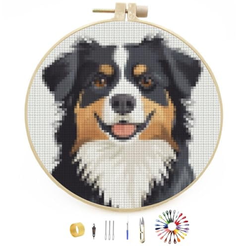 Cartoon Cute Australian Shepherd Easy Stamped Cross Stitch Kits for Beginners with Hoop Simple Patterns 11CT Counted Embroidery Needlepoint Crafts Arts for DIY Enthusiasts and Home Decor 26x26cm