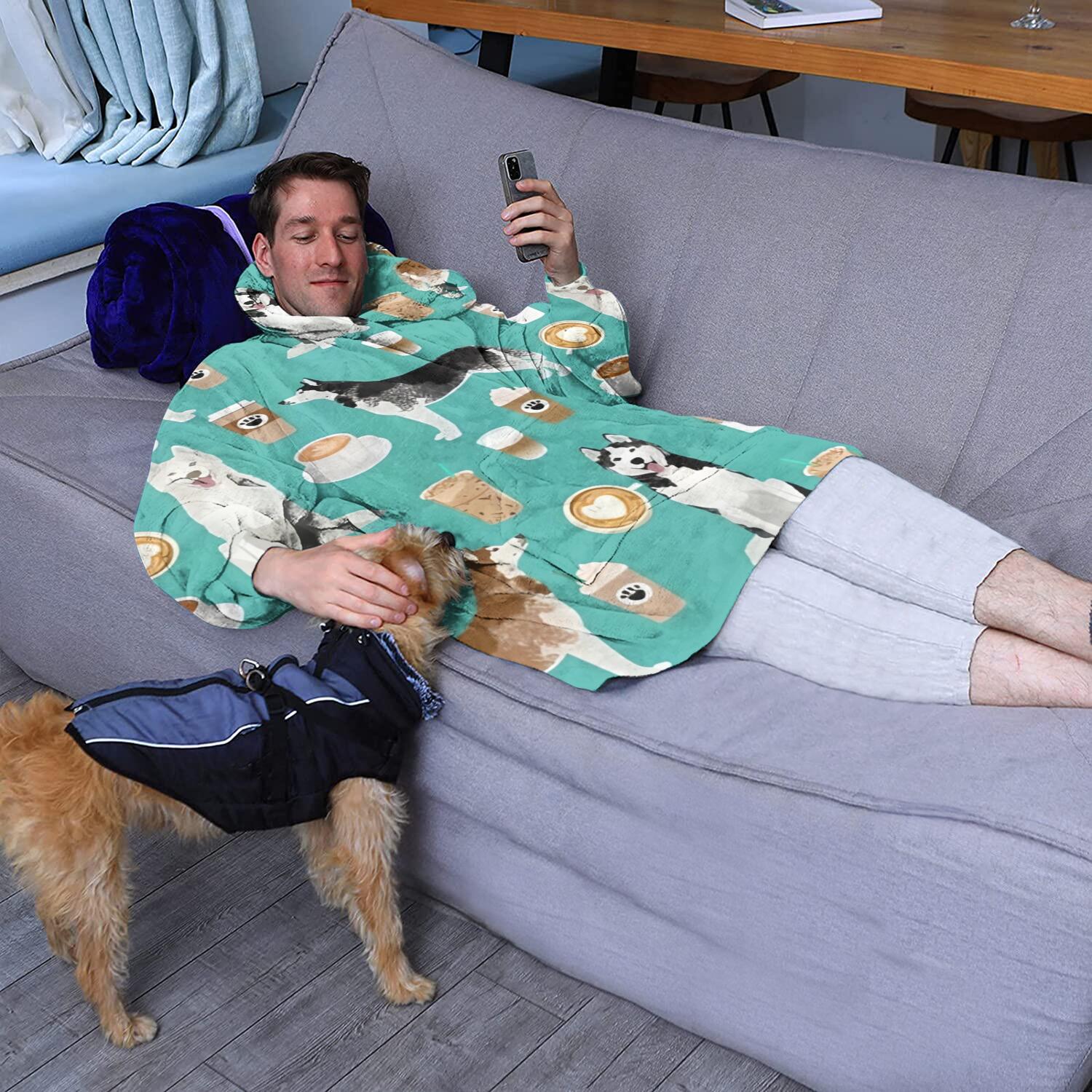 Husky and Coffee Wearable Oversized Blanket,Wearable Blanket Hoodie for Adults,Cozy Hooded Blankets with Super Pockets,Super Warm Fuzzy Pullover for Women & Men