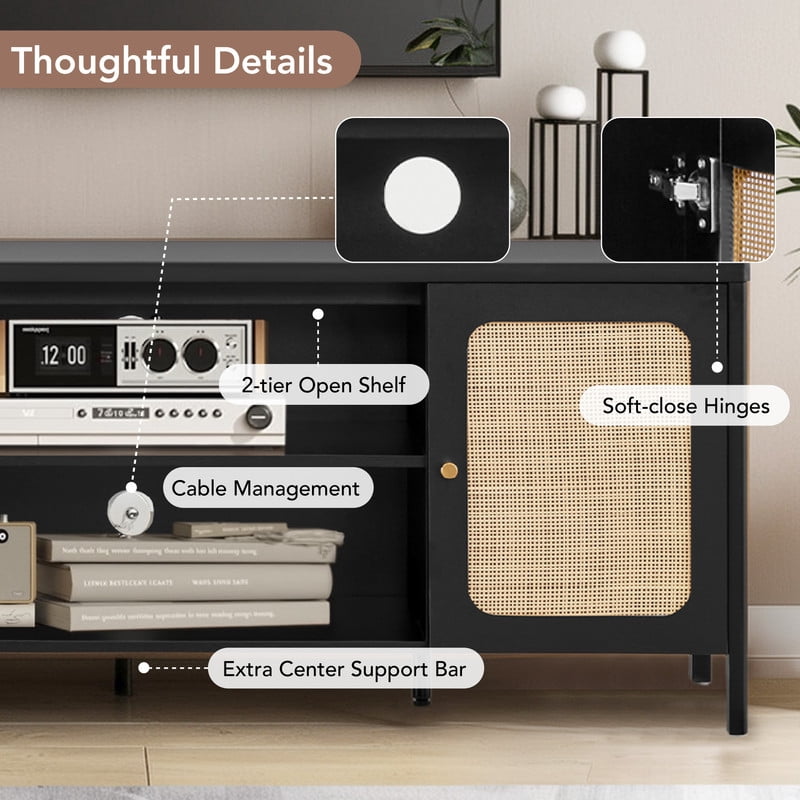 Spruce & Spring 62-inch Media Console with Boho Rattan Weaving for Living Room