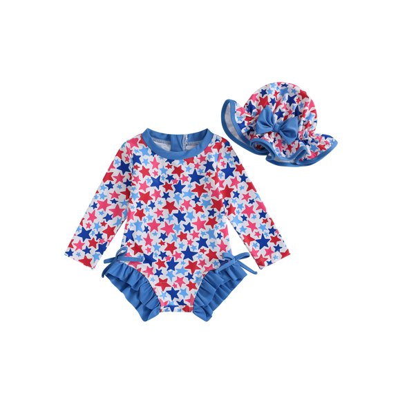 Toddler Baby Girl 4th Of July Rash Guard Swimsuit Zip Up Ruffled Long Sleeve Crew Neck Swimwear Star Print Bathing Suit with Sun Hat Fourth Of July Outfits