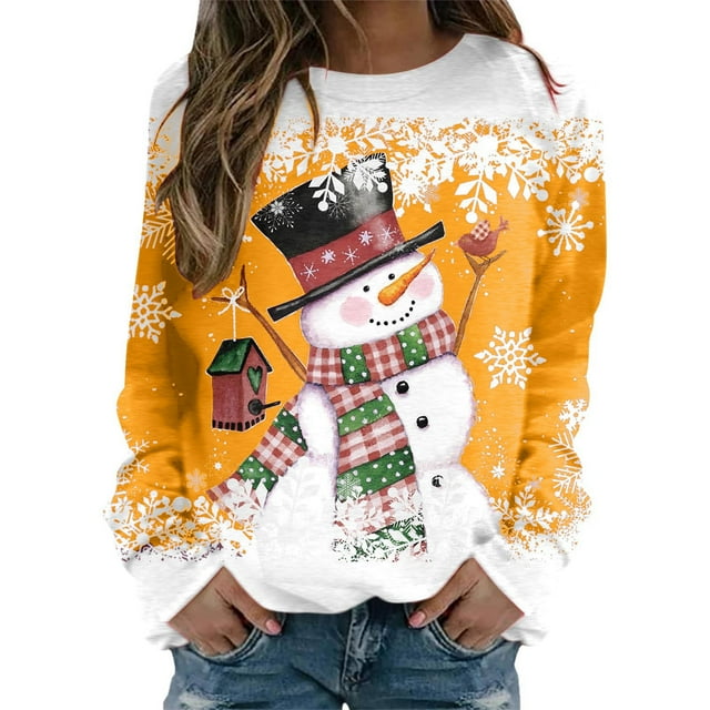WEAIXIMIUNG Chandail en Molleton Femme avec Poches Zippées Mode Hiver Décontractée Bonhomme de Neige Flocon de Neige Imprimé de Noël Col Rond Manches Longues Sweat à Capuche