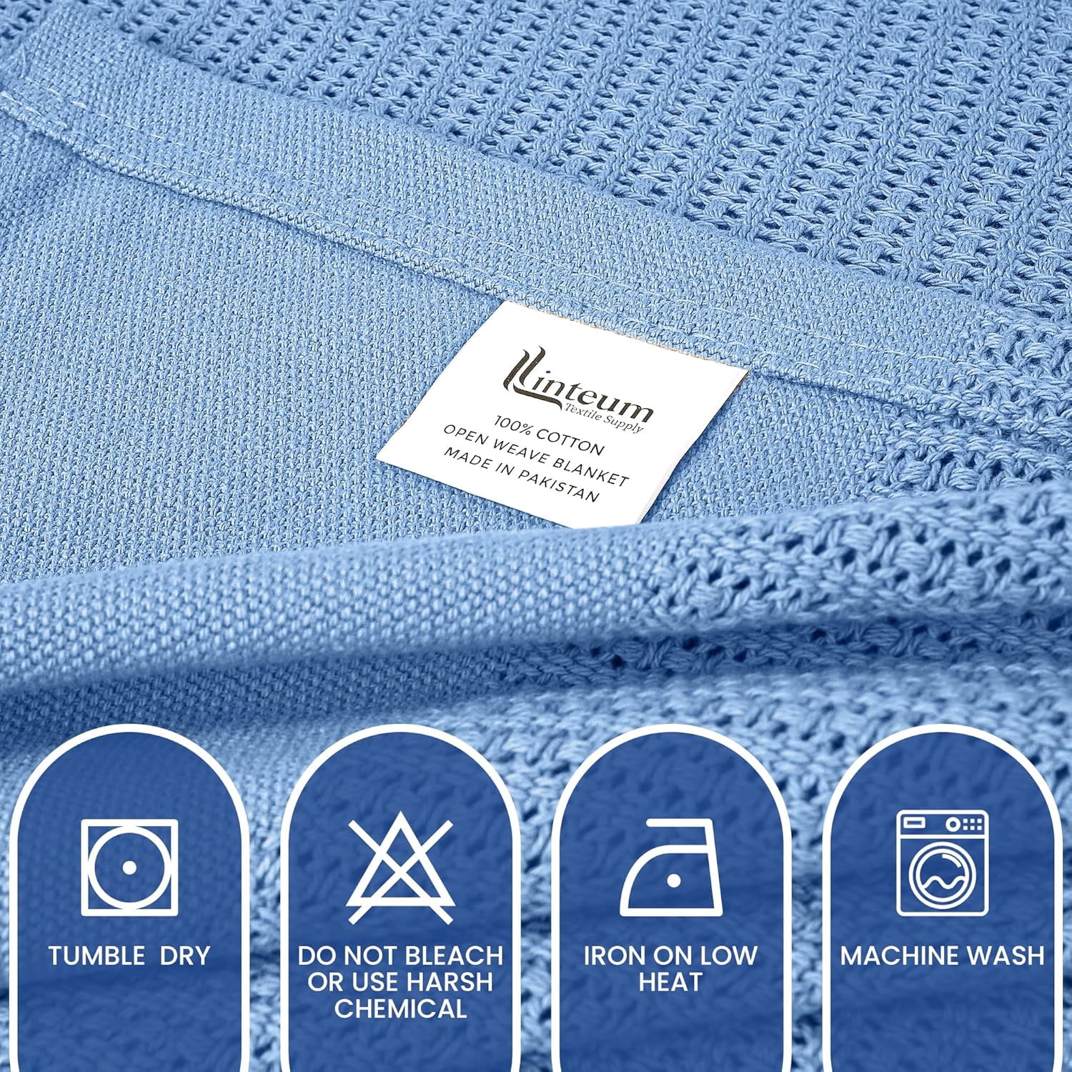 Linteum Textile 100% Cotton Leno Weave Blanket (Blue, Queen) 90x90 Inches