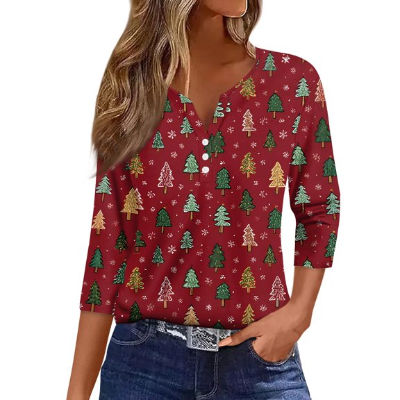WTOBBY Women's Christmas Snowflake Tree Print V-Neck Decorative Button 3/4 Sleeve T-Shirt with Merry Christmas, Ladies Holiday Season Top for Casual Fashion Wear,Deep Red L