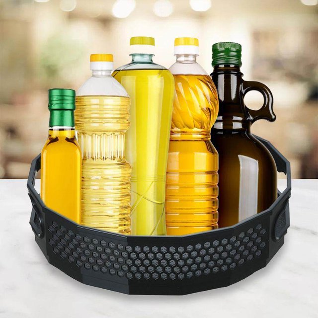 Anti-Skid Turntable Spice Rack Bathroom Storage Tray Organizer Container Cabinets Serving Tray Black L