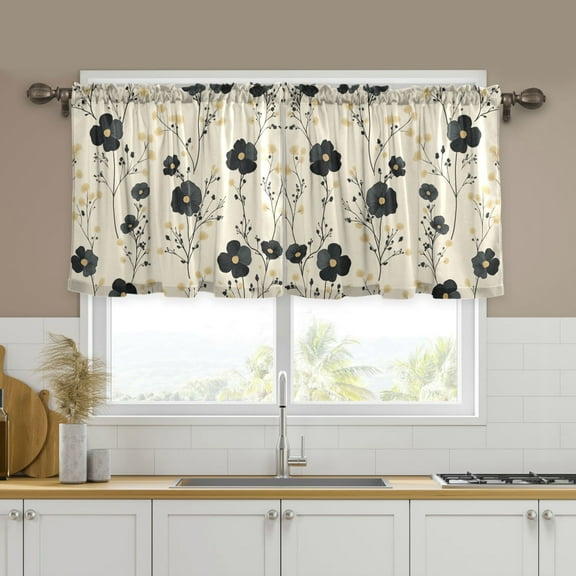 Yayeee Kitchen Curtains Set of 2 Light Filtering 57"x24" Over Sink Window Panels, Small Black Flowers