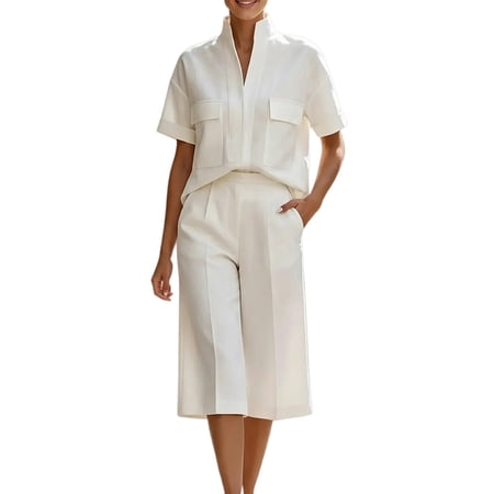 PUMXQ Two Piece Matching Pantsuits for Women Short Sleeve V Neck Collared Top High Waist Loose Wide Leg Capri Culottes Casual Daily Dressy Outfit White 2XL PUMXQ Two Piece Matching Pantsuits for Women Short Sleeve V Neck Collared Top High Waist Loose Wide Leg Capri Culottes Casual Daily Dressy Outfit White 2XL