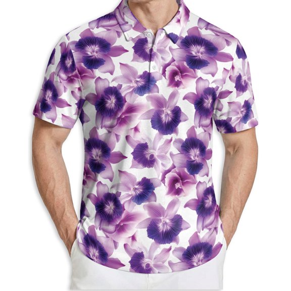 Men's Tropical Polo Shirt, Purple Orchid Flower Print Short Sleeve Moisture Wicking Quick Dry, Summer Casual Beach Shirt