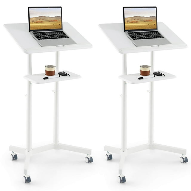 Costway 2 PCS Mobile Lectern Podium with Tilting Top Storage Tray Lockable Casters White