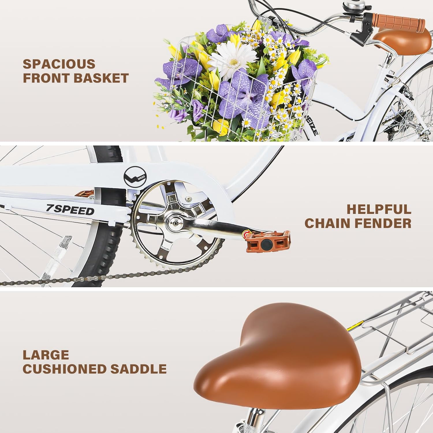 WEIZE Beach Cruiser Bike 26 inch Commuter Bicycle 7 Speed City Bike for Adult Men Women Off-Road Cycling Bicycle with Front Basket Rear Rack, White