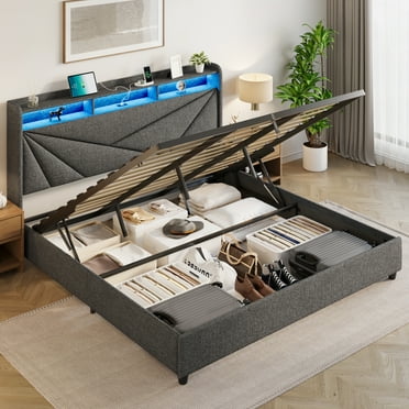 King Size Bed Frame with Storage, Lift Up Upholstered King Bed Frame with Charging Station and LED Lights Headboard, No Box Spring Needed, Easy Assembly - Dark Grey