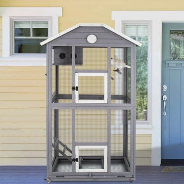 PETSCOSSET 67in Outdoor Bird Aviary,Wooden Wheels Bird Cage Indoor Parrots Cage Conure Flight cage Wire Mesh,Easy Clean Tray Perches Nest Feeder for Finches Cockatiel Dove Parakeets