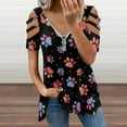 thumbnail image 2 of Gradient Color Dog Paws On Black Background Womens Summer V Neck Zipper Top Short Sleeve T Shirt Off Shoulder Top Casual Classy Loose Shirts, 2 of 7