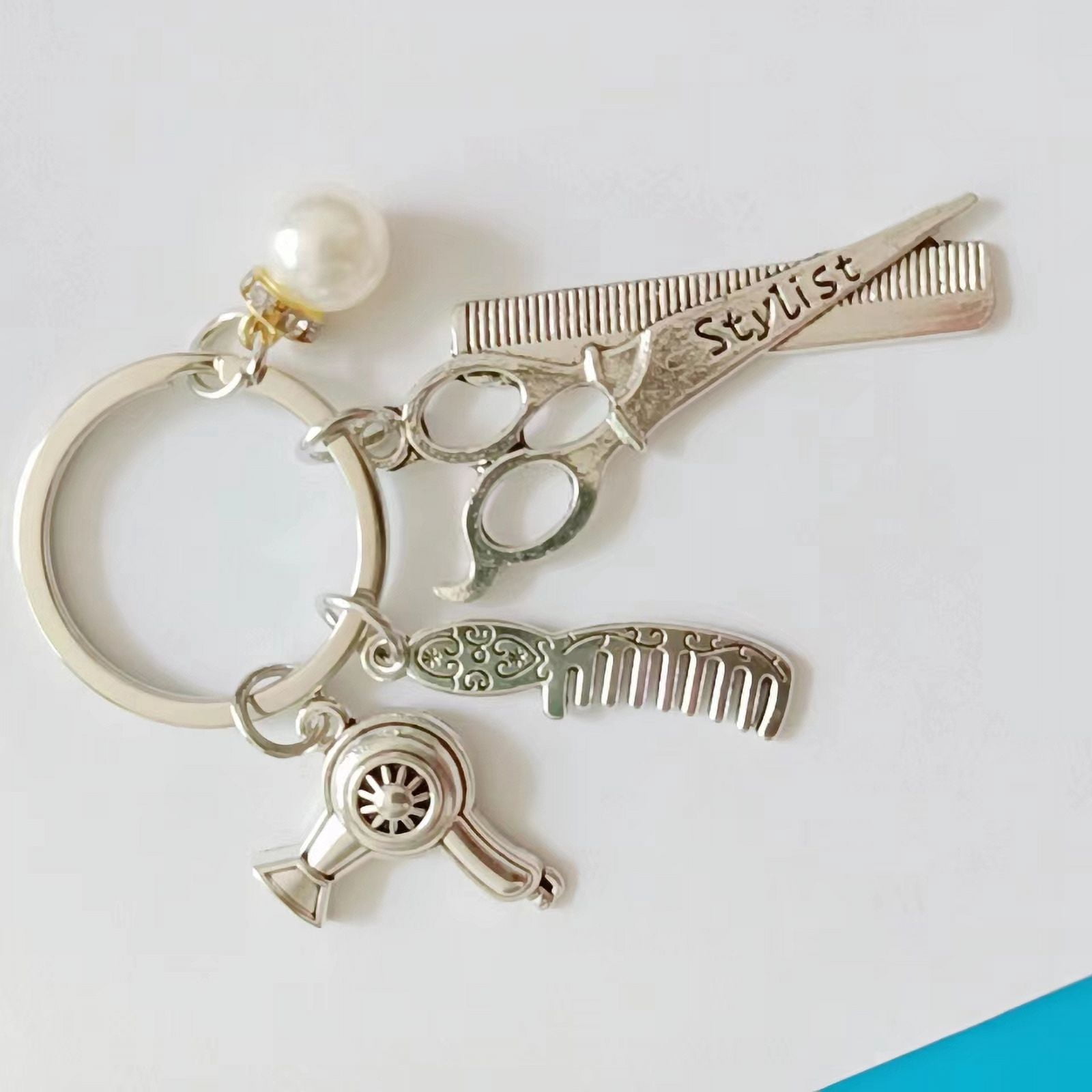 Unique barber shop charm key ring, equipped with alloy hair dryers, scissors, combs and pearl embellishment -ladies fashion hairdresser gifts, barber accessories,LFQ