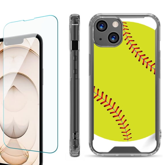 Shockproof Bumper Phone Case for iPhone 13, with Tempered Glass Screen Protector, by OneToughShield ® - Softball Green
