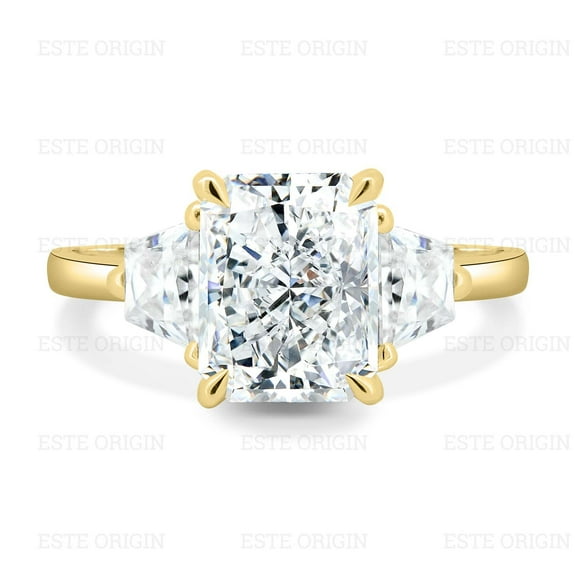 ESTE ORIGIN 4Ct Radiant Cut Lab-Grown Diamond Trilogy Ring with Trapezoid Accents in 10K Yellow Gold for Women