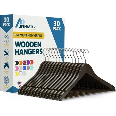 Lifemaster Wooden Clothes Hangers – With 360 Degree Swivel Hook and Non-Slip Shoulder Notch, Holds Up To 10 lbs, Pants Bar Design, For Organizing Suit, Dress, Coat, and Clothes, Pack of 30, Brown