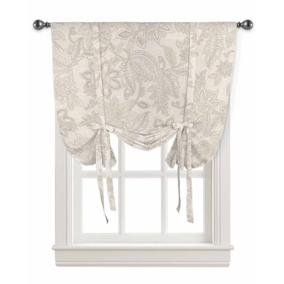 Vintage Beige Flower Tie Up Curtains for Window, Modern Ethnic Botanical Thermal Insulted Balloon Shade Adjustable Rod Pocket Curtains Valance Panels for Kitchen Bathroom Café 52 x 45