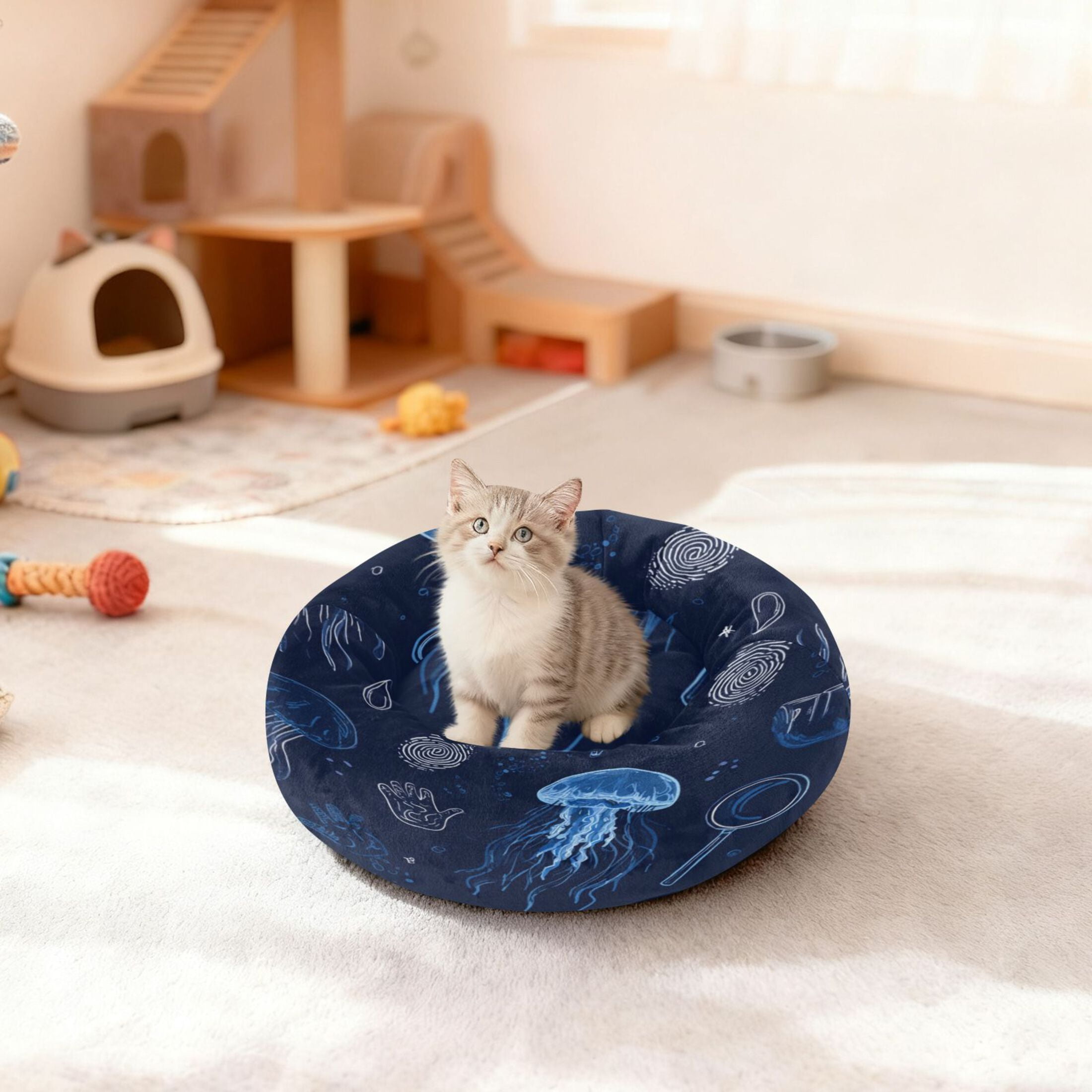 Iauyy Pet Couch Donut Cat Bed for Indoor Cats/Small Dogs Washable & Machine with Non-slip Bottom Calming Cat Furniture, Upward Jellyfish (M)