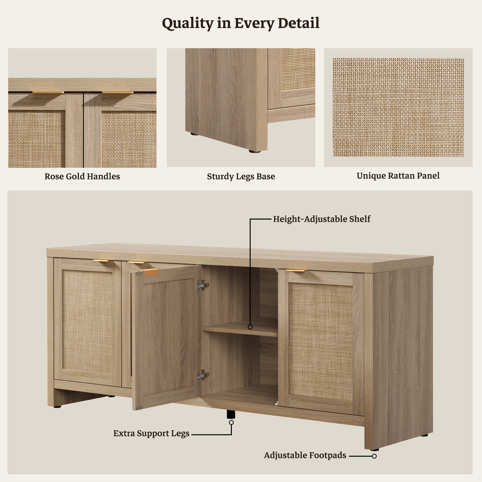 SICOTAS 61.5"W Rattan TV Stand with 4 Doors– Large Boho TV Cabinet Media Console with Adjustable Shelves & 4 Rattan Doors for 45/50/55/60/65 Inch Television , Reclaimed Light Oak