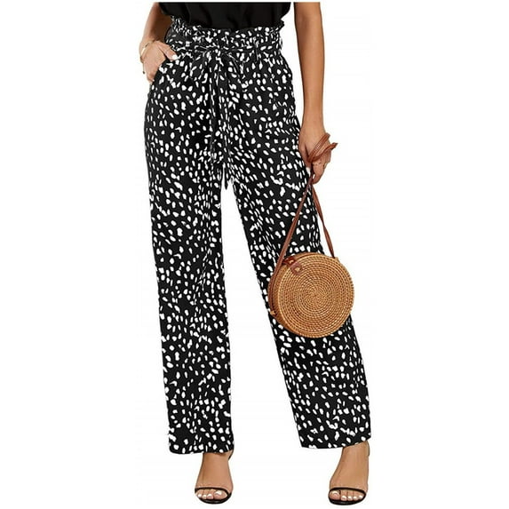 Leopard Dots Print Women Wide Leg Pants High Waist Belt Trousers