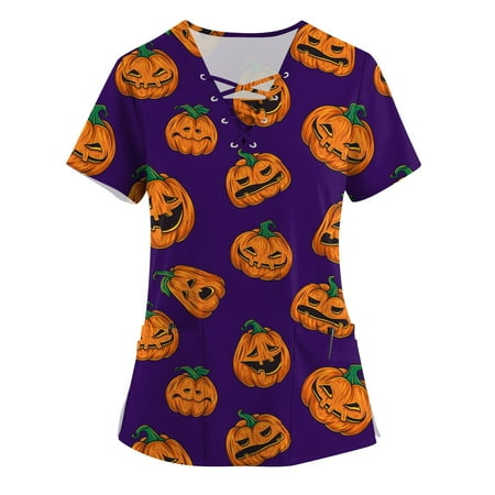 

Sksloeg Halloween Day Scrub Top for Women Leopard Pumpkin Print Working Uniform with Pocket Stretch Casual V-Neck Summer Holiday Workwear Purple 3XL