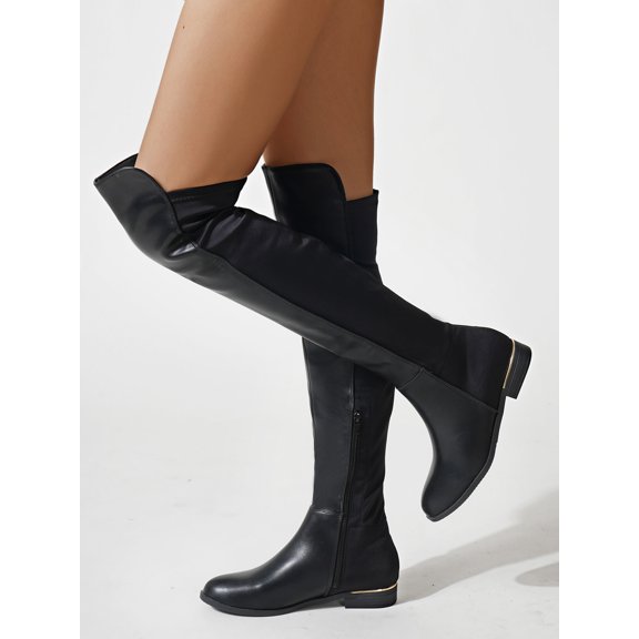 Women's Round Toe Low Heel Over The Knee Boots, Side Zipper PU Leather Tall Dress Boots, Black