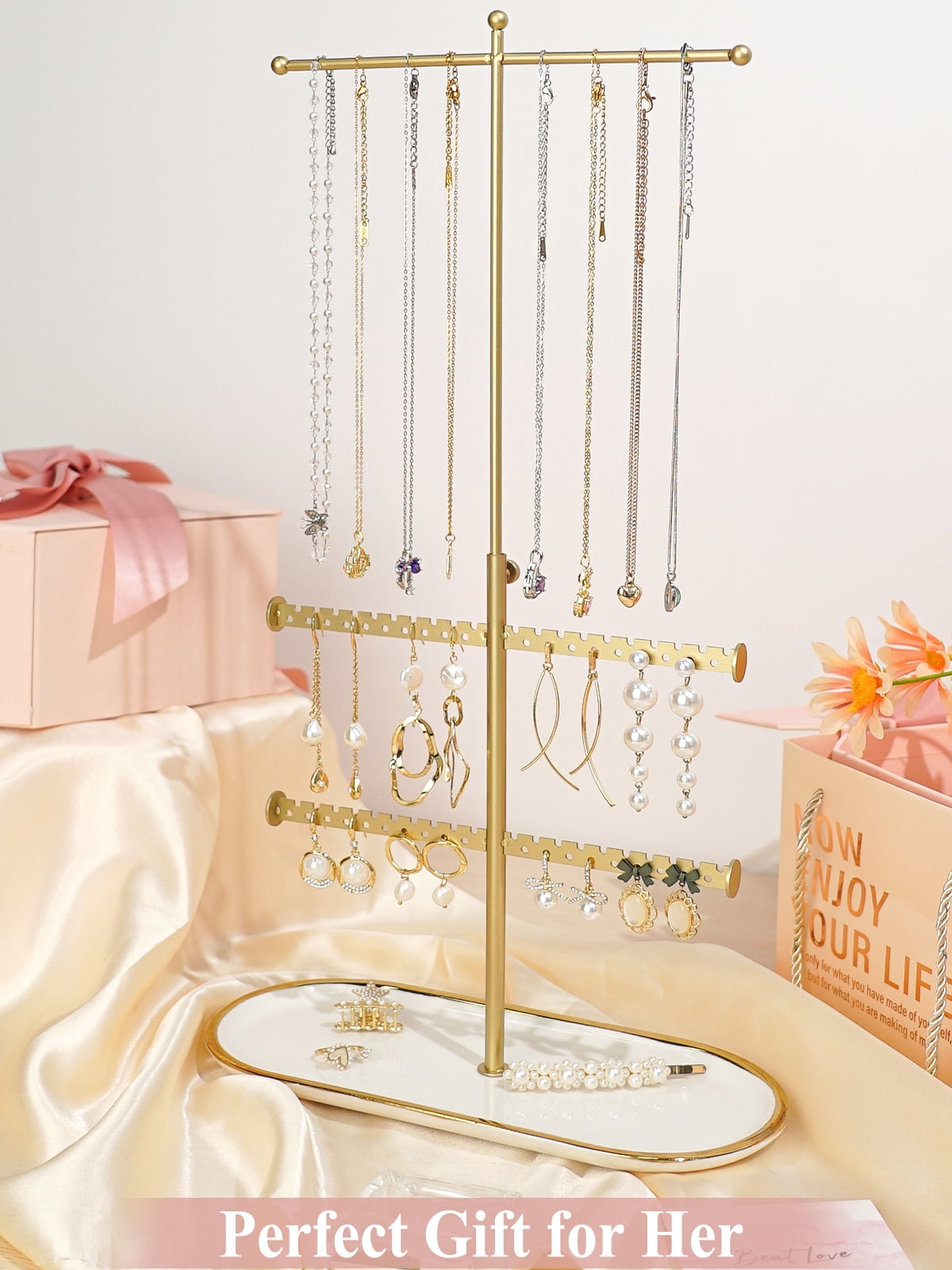 Cirhy Gold Jewelry Organizer Stand with Ceramic Tray – Jewelry Holder for Necklaces, Earrings, Rings & Bracelets, Decorative Jewelry Display for Vanity Dresser, Gift for Women & Girls