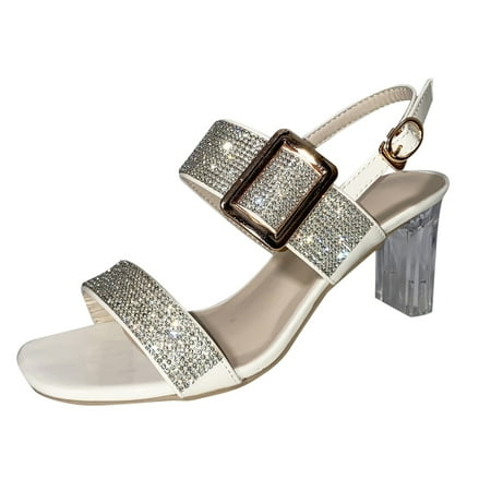 

Fashion Large Size Rhinestone One-Word Buckle Thick Heel High Heel Sandals