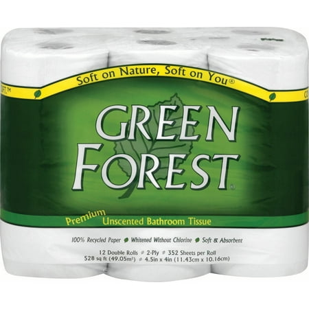 Green Forest 100% Recycled Premium Bathroom Tissue, 12 Double Rolls, 352 Sheets/Roll