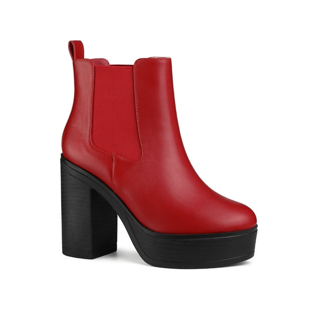 Unique Bargains Bottines Chelsea à Talons Hauts Épais à Plateforme pour Femmes Rouges (Taille 7,5)