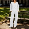 thumbnail image 2 of Xaqiouau Women's V-Neck Sweatshirt and Wide Leg Pants Set Loose Fit Long Sleeve Pullover Top High Waisted Drawstring Tracksuit Casual Lounge Wear 2 Piece Outfit White L, 2 of 9