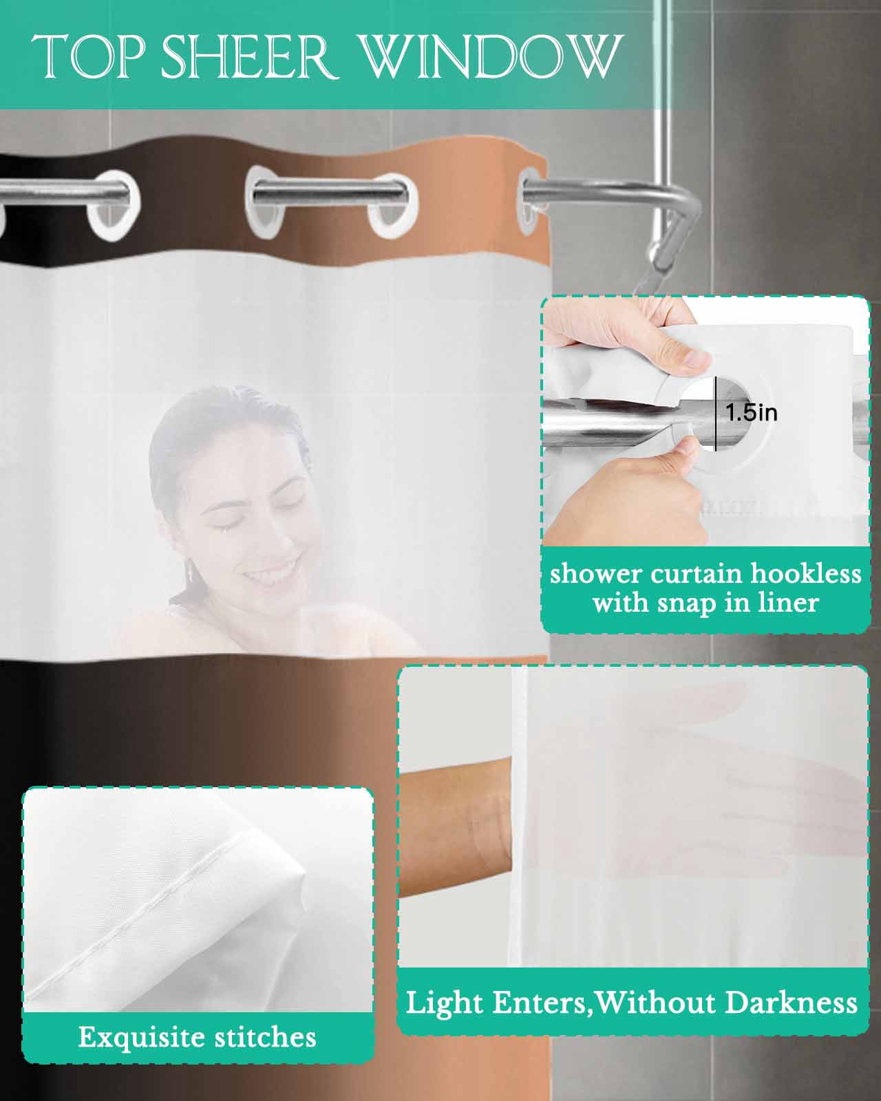 No Hook Shower Curtain with Snap in Liner, Ombre Abstract Gradient Coral Pink and Black Hotel Shower Curtains for Bathroom, Washable Shower Curtain Liner Set with Mesh Top Window, 72"x72"
