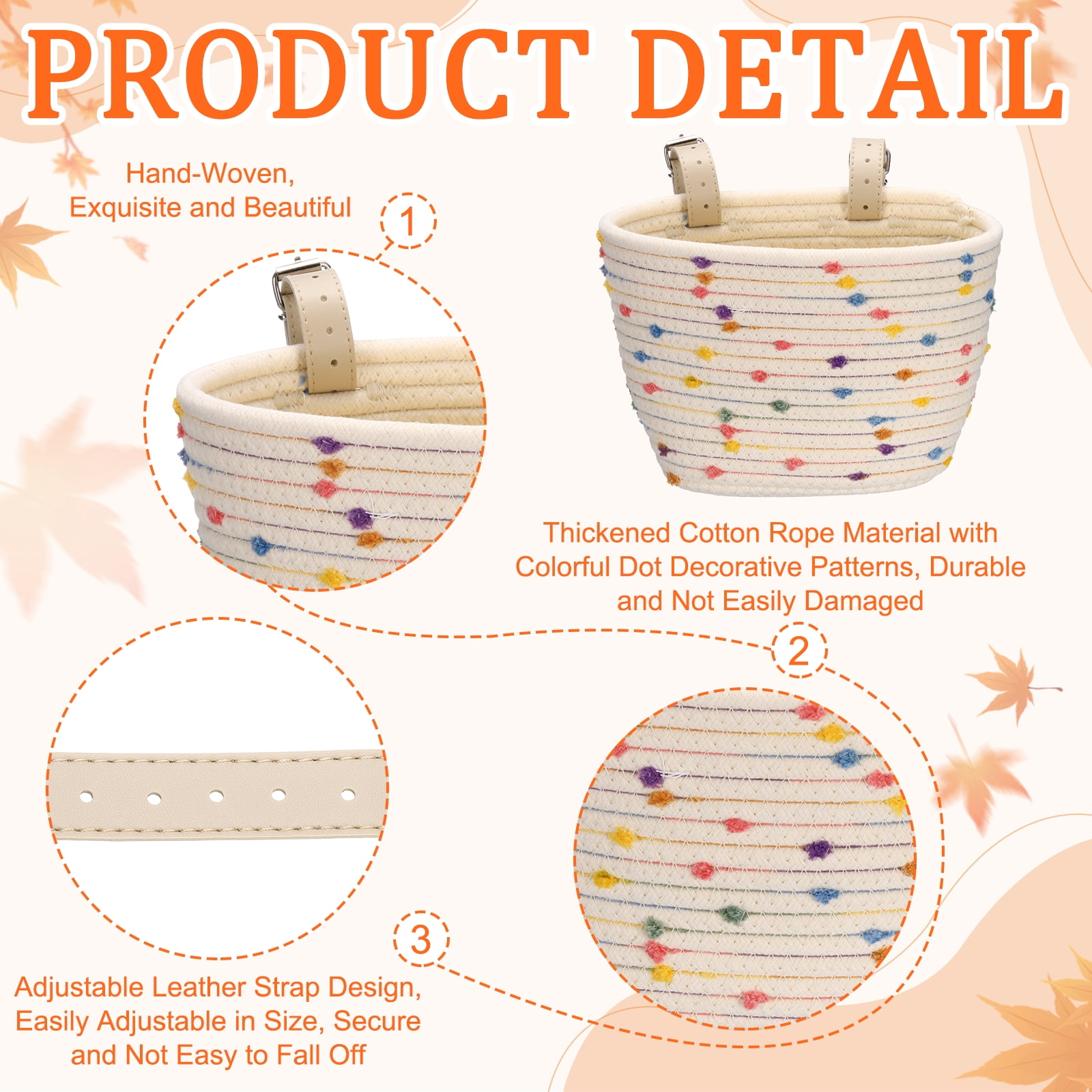 Uxcell Bike Basket, Cotton Rope Woven Colored Spots Bicycle Basket Adjustable Front Handlebar Baskets with 2 Leather Belt Buckles Beige-Fitting For(Most Bikes/Tricycle/Scooters)