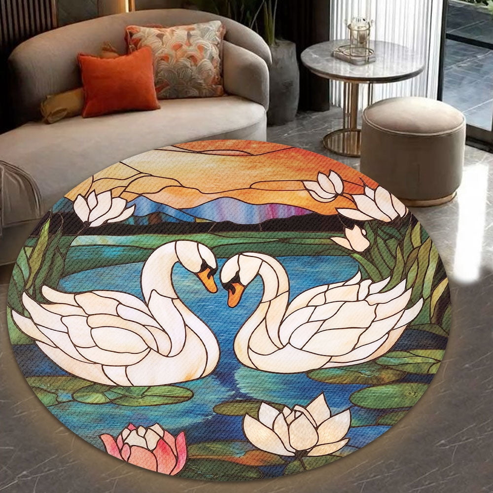 Round Area Rug, Swans Non-Slip Floor Mat, Soft Washable Carpet for Living Room Bedroom Decor 24 Inch