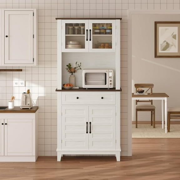 72" Farmhouse Pantry Cabinet - 2 Glass Doors & Drawers for Kitchen/Dining Room