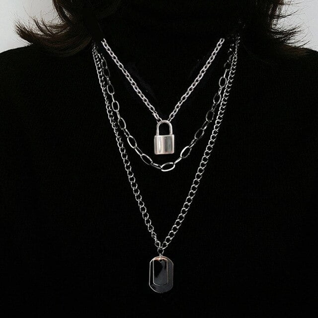 Black Padlock Chain Necklace Key Metal Link Unisex Men Women Necklace