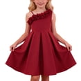 thumbnail image 2 of Wuxian Girls Wedding Birthday Dresses Formal Elegant Fashionable Sleeveless One Shoulder Sleeveless Dress Floral Lace Pleated A-Line Gown Party Mid Length Sundress Ball Gown,Red,9-10 Years, 2 of 9