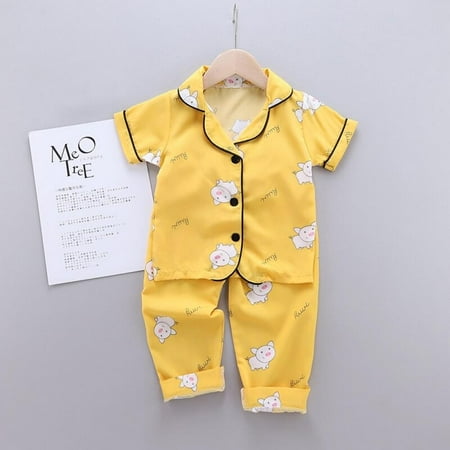 

Moresave 2Pcs/set Baby Pajamas Girls Boys Nightgown Summer Casual Piggy Printing Sleepwear Set Short Sleeve Blouse Tops+Sleep Pants Kid Nightshirt Yellow 130