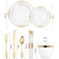 thumbnail image 2 of Goodluck 350PCS Gold Plastic Plates for 50 Guests, Disposable Dinnerware Sets Include 100 Gold Rim Plastic Plates, 50 Silverwares, 50 Cups, and 50 Pre Rolled Napkins for Party, Wedding, Graduation, 2 of 7