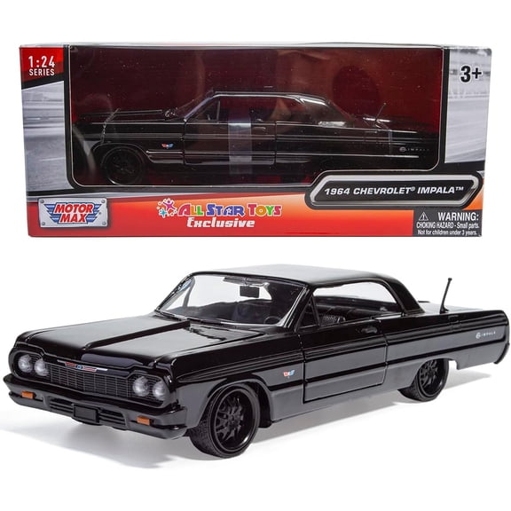 All Star Toys Exclusive 1964 Chevy Impala Black with Custom Deep Dish Wheels 1/24 Diecast Model Blacked Out Lowrider Motormax Exclusive 73259